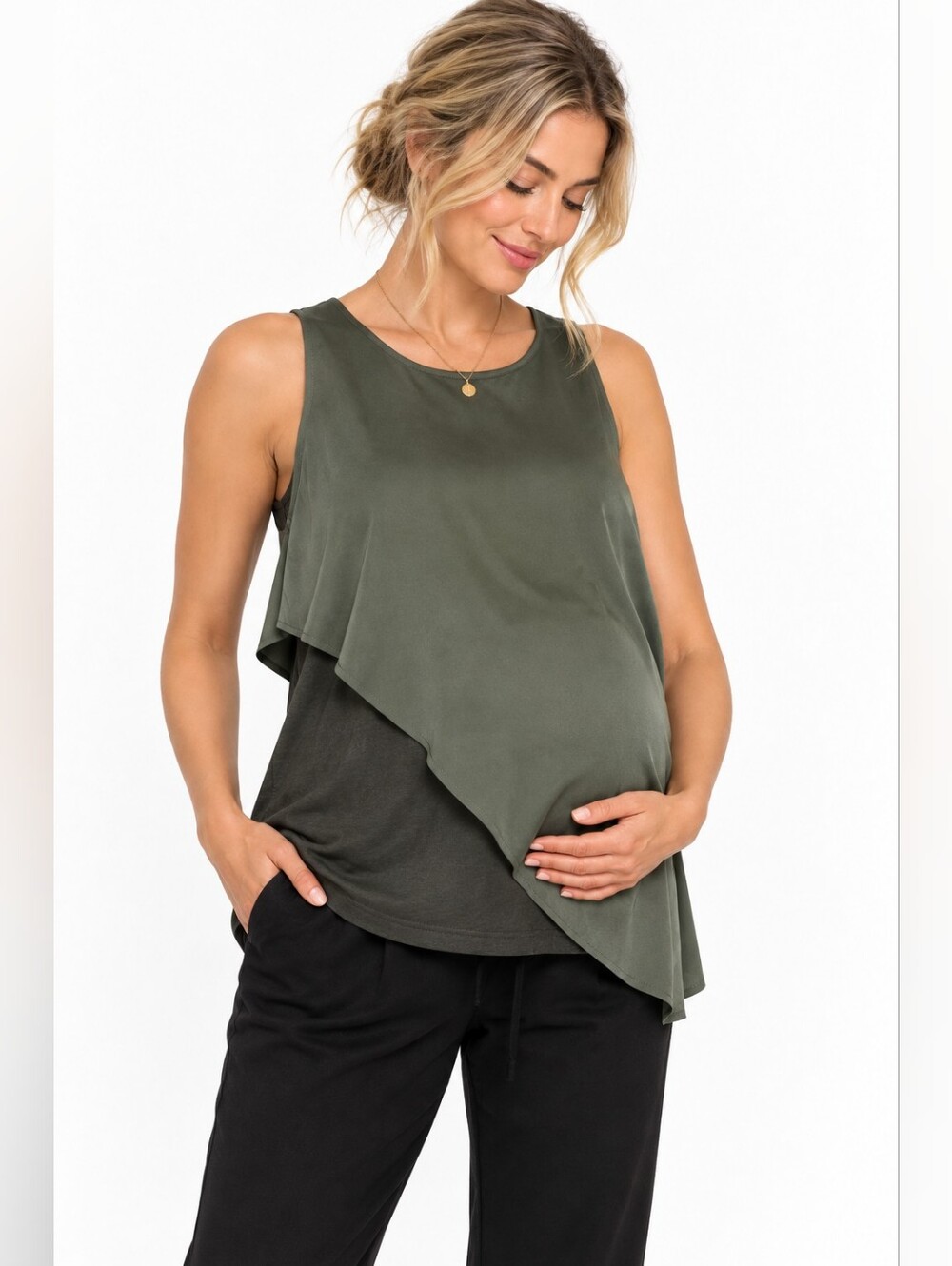 Ripe Maternity Nursing Asymmetrical Layered Tank Top Olive Green Medium